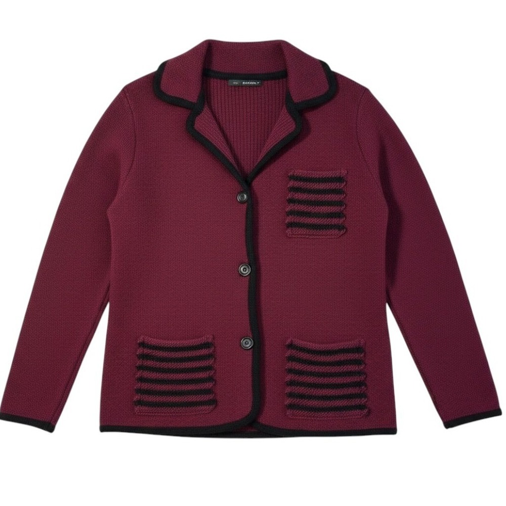 A Giannetti Cardigan Sweater Women Burgundy Wool Stripe Pocket Dark Academia  M